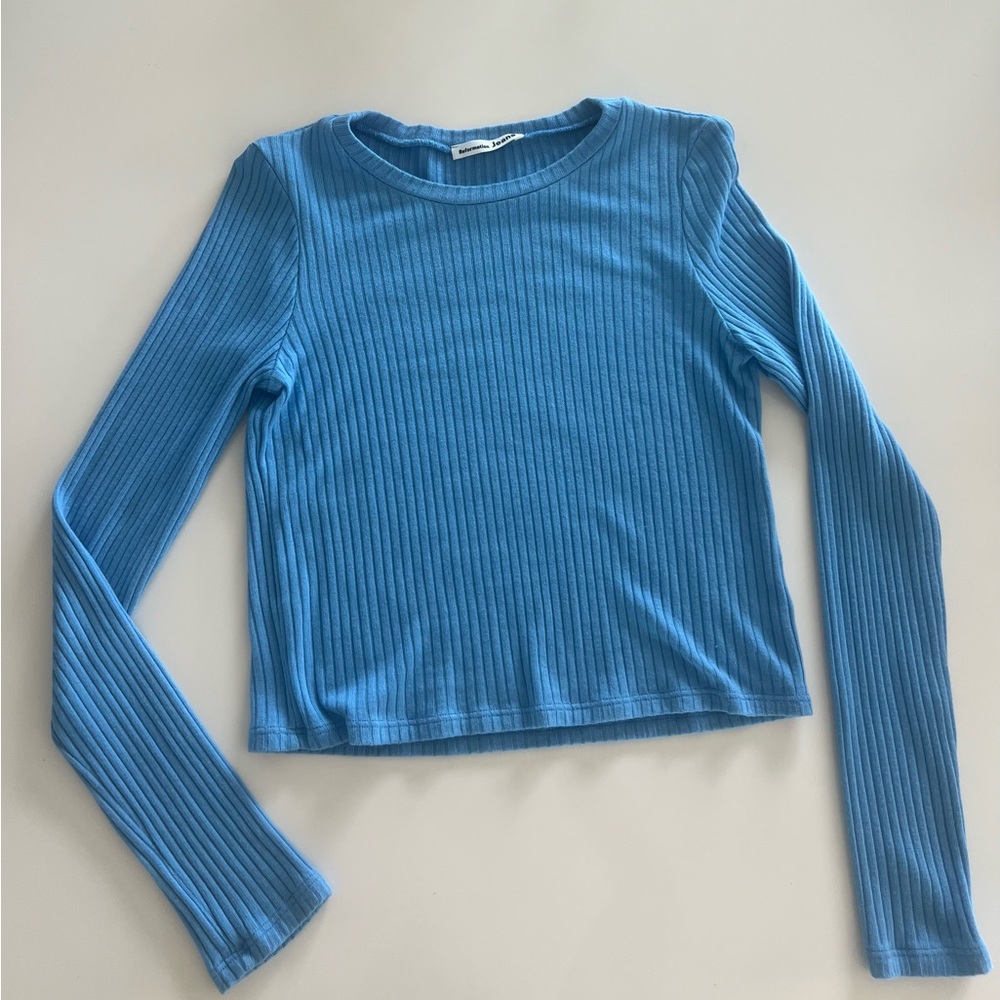 Reformation Ribbed Long Sleeve Crop Crew Cornflower Blue. Small